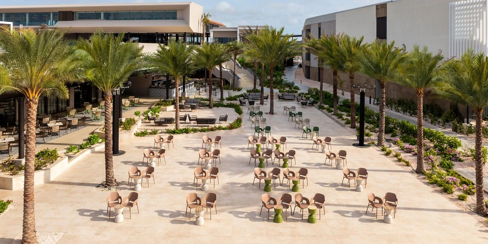 Baby Beach Plaza courtyard setup for weddings and events at Secrets Baby Beach Aruba