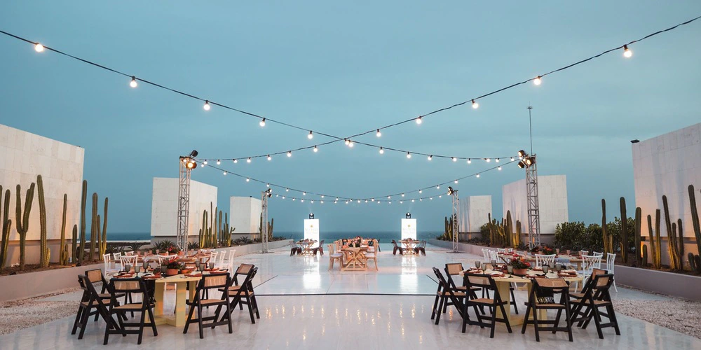 Baby Beach Terrace outdoor wedding reception setup with ocean views at Secrets Baby Beach Aruba