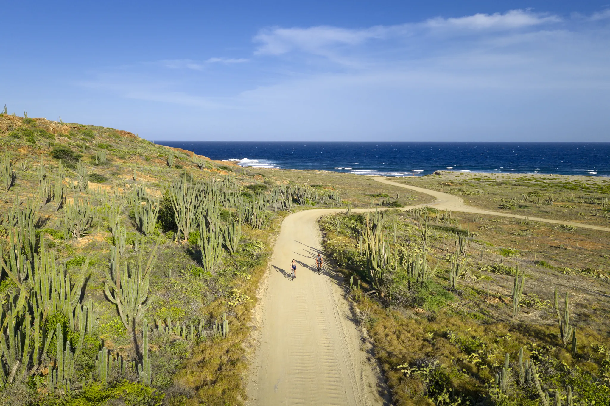 Couple biking along a scenic coastal path with ocean views near Secrets Baby Beach Aruba.