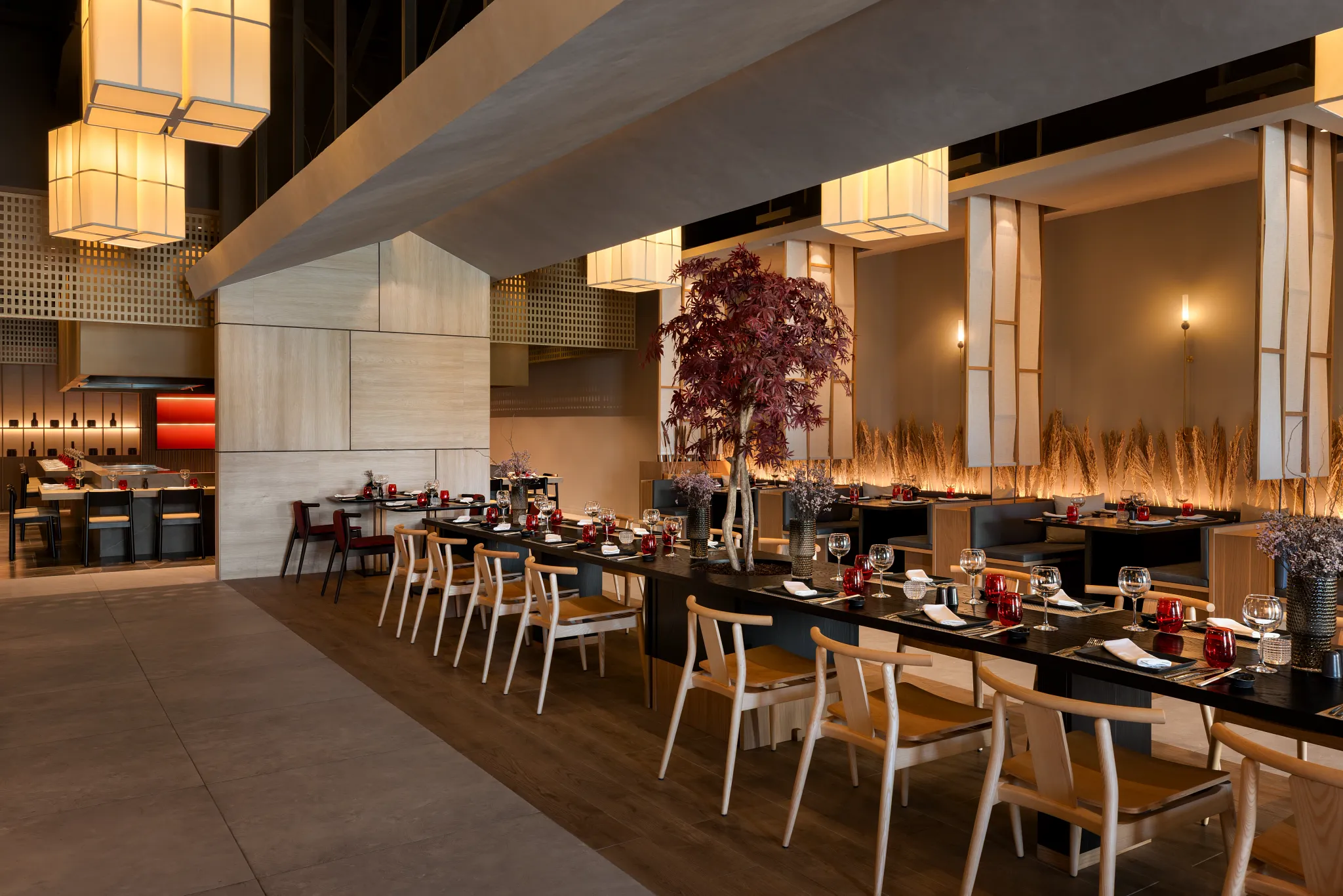 Himitsu Asian restaurant at Secrets Baby Beach Aruba featuring modern Japanese-inspired décor, elegant table settings, and upscale dining ambiance.