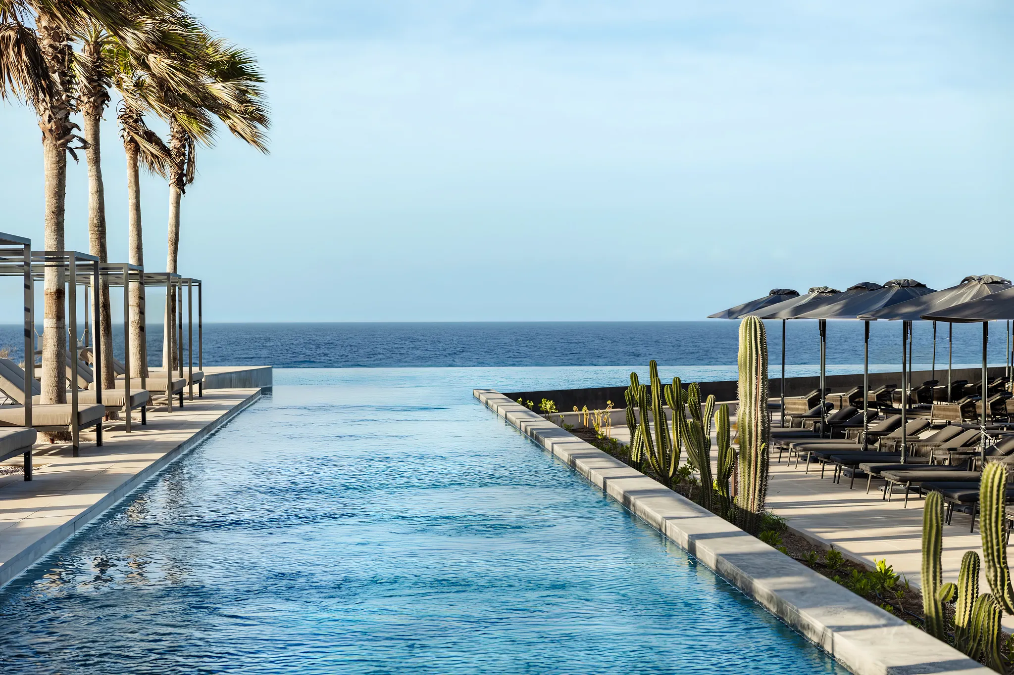 Infinity-edge pool overlooking the Caribbean Sea at Secrets Baby Beach Aruba with loungers and palm trees.