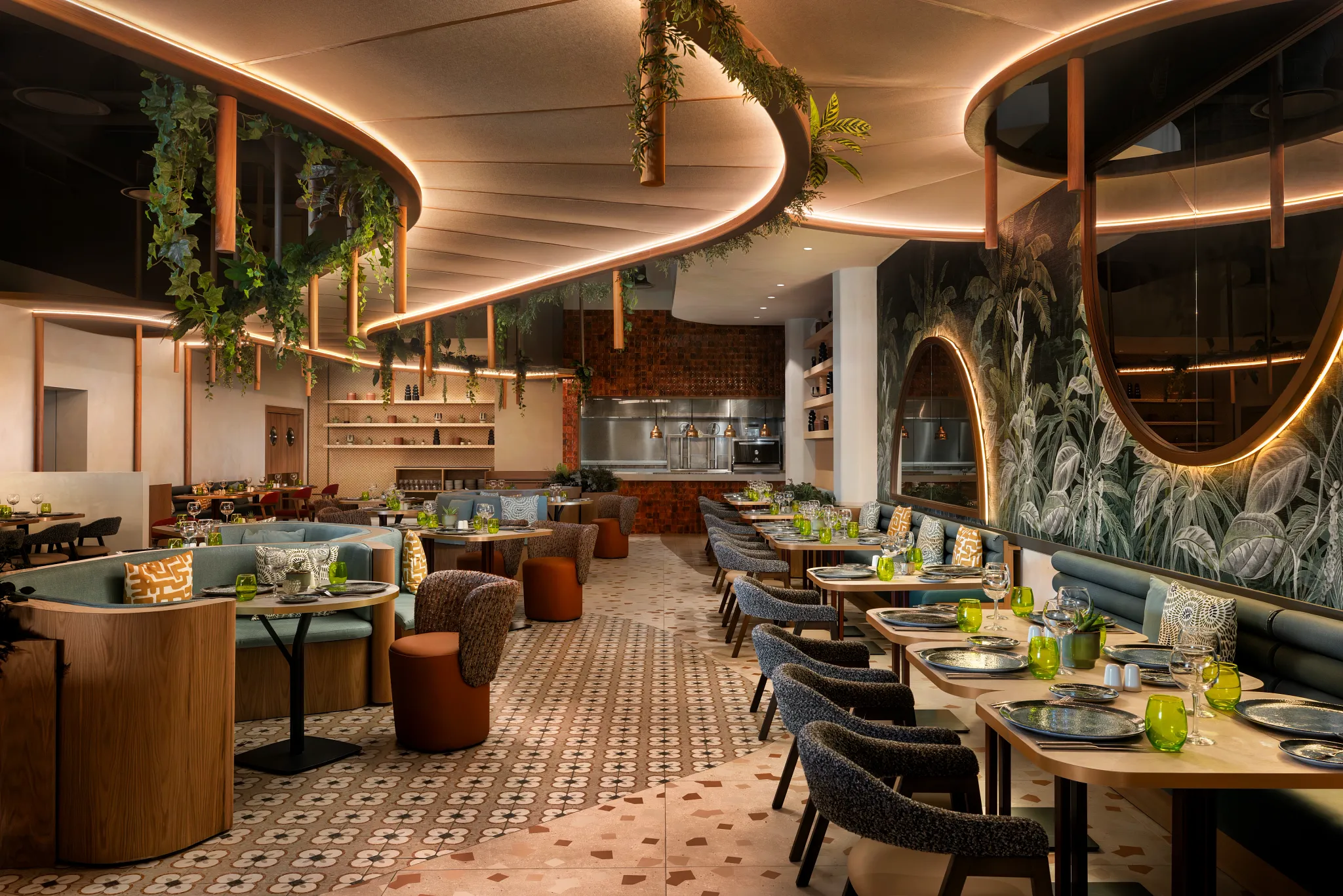 Tierra South American restaurant at Secrets Baby Beach Aruba featuring vibrant décor, modern seating, and warm ambient lighting.